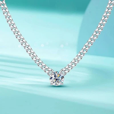 1-3ct Round Moissanite Pendant Cuban Necklace Men Chain 925 Sterling Silver GRA - Image 1 of 4