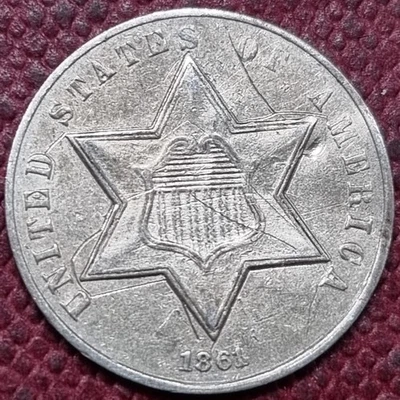 1861 Three Cent Piece 3c Silver Trime High Grade AU Details #96658 - Image 1 of 2