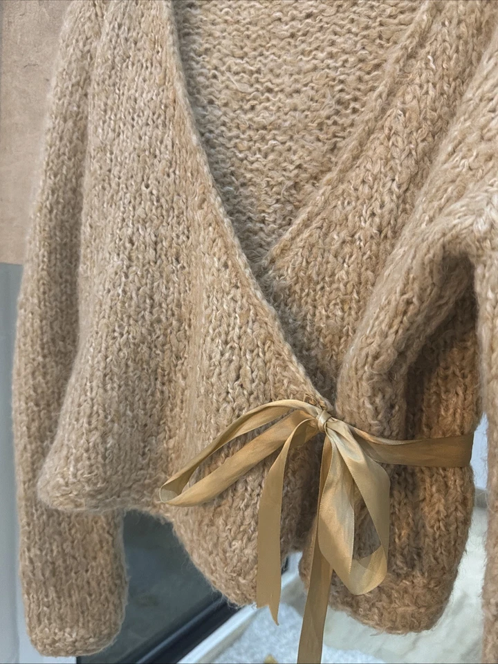 Suéter envolvente de cinta tejido a mano avena fiesta navideña vintage talla M/L Foto 1 de 4