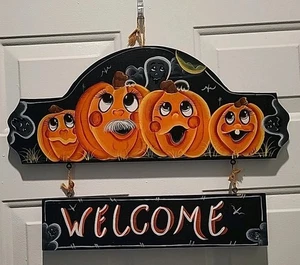Vtg Hand Painted Wood Hanging Welcome Sign Fall  Halloween Pumpkins Signed Cute - Picture 1 of 5