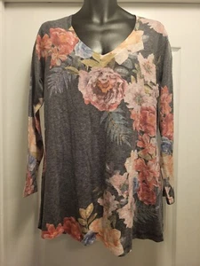 Weiche Umrandung Midnight Blooms grau Blumen V-Ausschnitt Tunika Pullover Gr. XL Strick - Bild 1 von 3