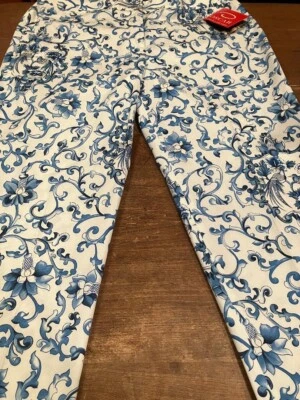 Pantalones para mujer OSCAR DE LA RENTA blanco oscuro y azul claro con flores talla 12 Foto 1 de 4