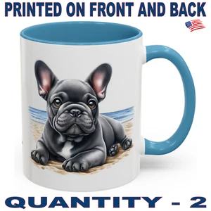 DigiPups French Bulldog Gray Puppy Dog Ocean Beach Scene Coffee Cup 2 Mug Set - Picture 1 of 4