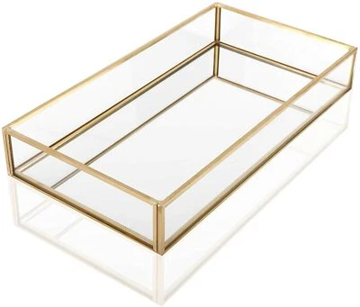 Bandeja de espejo decorativa de vidrio dorado vintage bandeja de joyería bandeja para servir bandeja de tocador Foto 1 de 4