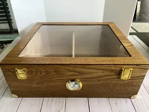 Cigar Humidor Humidifer With Hygrometer in Cedar Lined Wood & Glass Top - Picture 1 of 13