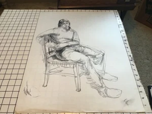 Original GAY YOUSE art: unsigned - Large Sketch - MALE sitting w arm through  - Picture 1 of 2