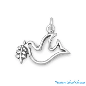 Peace Dove Bird with Olive Branch 925 Sterling Silver Charm Pendant MADE IN USA - Picture 1 of 3