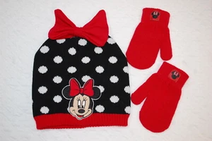 Toddler Girls MINNIE MOUSE WINTER HAT Mittens BLACK WHITE POLKA DOT Red Bow - Picture 1 of 1