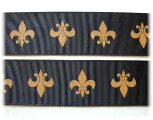 1.5 WHO DAT GOLD FLEUR DE LIS ON BLACK SAINTS GROSGRAIN RIBBON BY THE YARD - Picture 1 of 1
