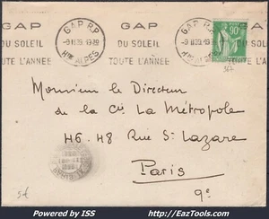 FRANCE N° 367 SEUL SUR LETTRE CACHET A DATE GAP RP HTE ALPES DU 09/11/1939 - Picture 1 of 2