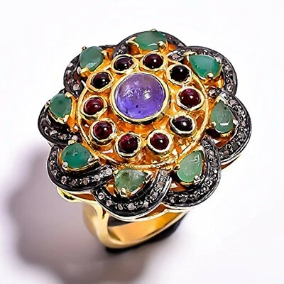 Schöne Natürlich Pflastern Rose Schnitt Diamant Tansanit &emerald 925 Silber Mit - Bild 1 von 4