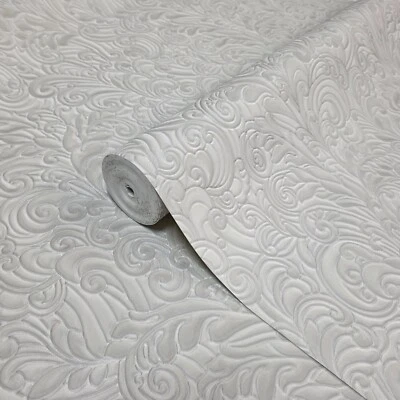 Embossed leaf damask heavy textured faux fabric grayish tan off white wallpaper - Image 1 of 4