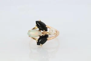 14k Onyx Opal and Pearl Cabochon cluster ring. Navette Onyx Opal band. - Picture 1 of 7