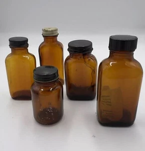 Lote de 5 botellas de medicina boticario ámbar temprano con tapas principios de 1900 - Imagen 1 de 9