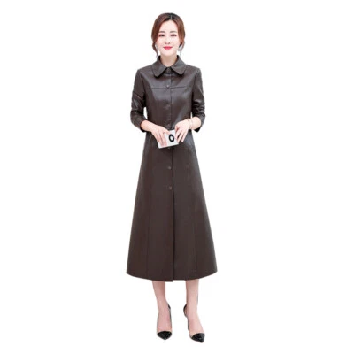 Women's Long Leather Trench Coat Spring New Ladies Pu Leather Windbreaker Coat - Image 1 of 4