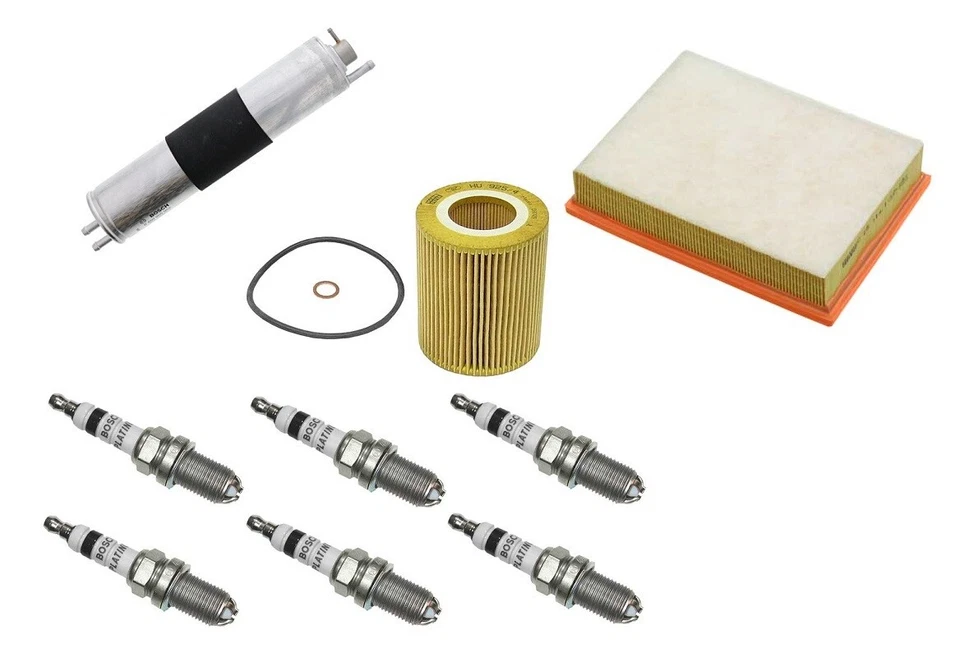 Service Kit: Fuel + Air + Oil Filters + Spark Plugs BOSCH / MANN OEM for BMW E46 - Image 1 of 2