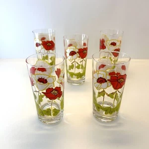 MCM Red White Poppies Green Leaf Drinking Glassware Set 5 Marked D 5.5” H Vtg - Foto 1 di 10