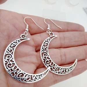 Big ornate Moon Earrings large crescent Celestial Symbol Silver tone Wica Pagan - Picture 1 of 6