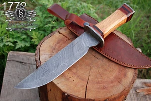 Custom Handmade Damascus Steel Hunting Bowie Knife With Premium Leather Cover, - Picture 1 of 5