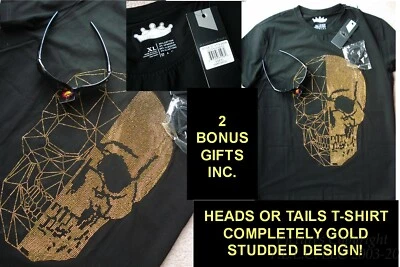 95% COTTON 5% SPANDEX HEADS OR TAILS HALLOWEEN STUDDED GOLDEN SKULL T-SHIRT-SZ=M - Image 1 of 4