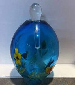 Handblown Art Glass Floral Perfume Bottle Heavy Blue Vintage - Picture 1 of 3