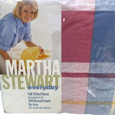 Martha Stewart Full Fitted Sheet Pastel Plaid Light Madras Rose Vintage New - Image 1 of 4