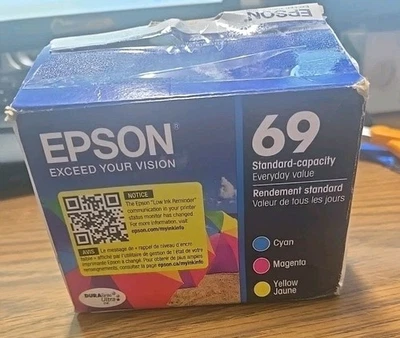 Cartucho de tinta amarillo cian magenta original Epson 69 paquete combinado caducado 2027 caja abierta Foto 1 de 4