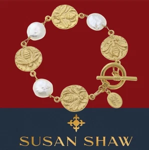 Susan Shaw Jewelry Gold Bee + Coin Charm Bracelet 24k TPG - Bild 1 von 13