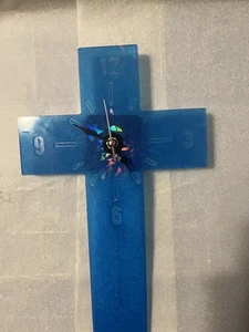 Beautiful Blue Holographic Cross Wall Clock Handmade - Picture 1 of 4