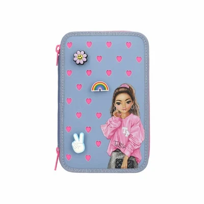 TOPModel 3 Compartment Pencil Case with 3 Cute Silicone Pins inc Pens - Image 1 of 4