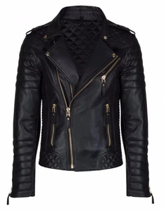 Men's Brando Lambskin Leather Motorcycle Biker Jacket Golden Zipper All Colors - Picture 1 of 24