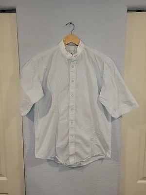 Rough Stock Panhandle Slim Pearl Snap Shirt Size M Blue Pinstripe Embroidery - Image 1 of 4