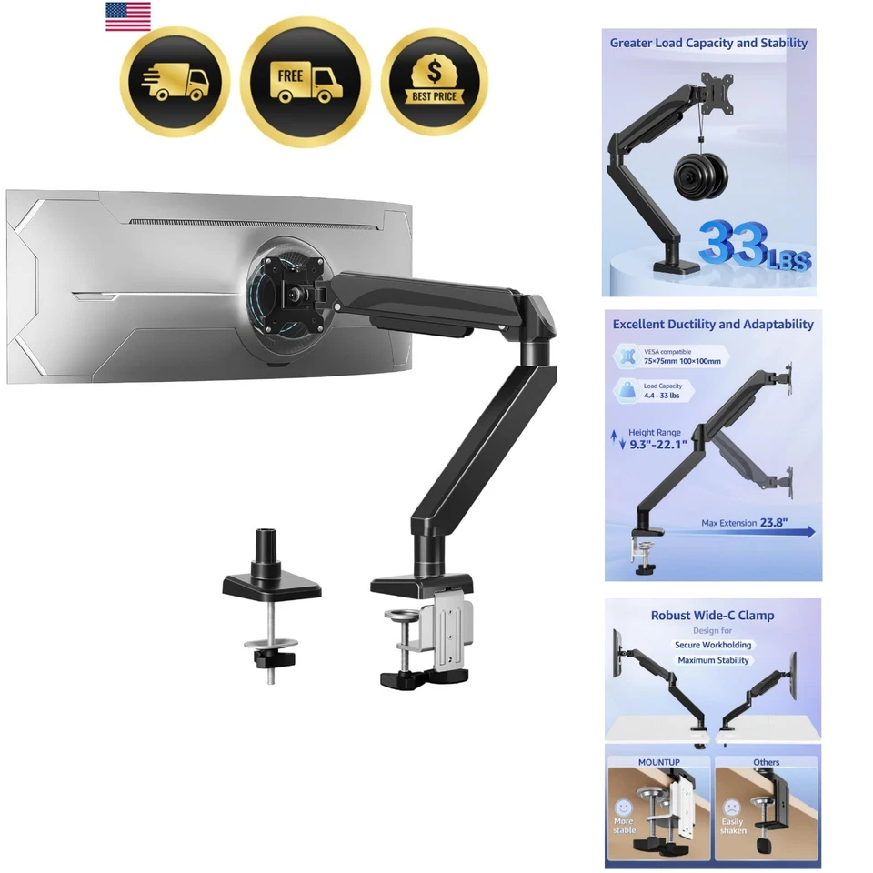 Heavy Duty Monitor Arm for 22-42 Inch Screens Supports 33 lbs Desk Mount - Image 1 of 4