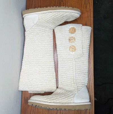 UGG Classic Cardy Knit Sweater Boots Size 6 Beige Tan Tall Crochet Buttons - Image 1 of 4