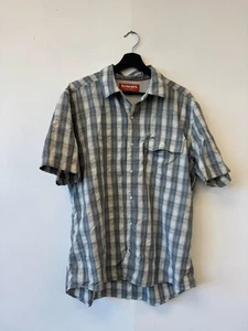 Simms Fishing Shirt Mens Large Blue Gray Plaid Short Sleeve Vented Button - Picture 1 of 5