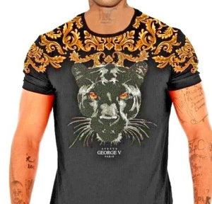 Avenue George V Paris T-Shirt Black Panther Rhinestone Men's Black fitted Tee - Picture 1 of 4