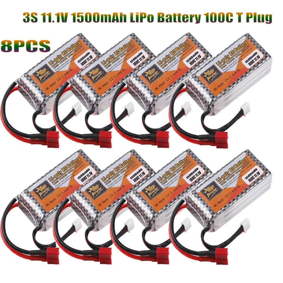 8X 11.1V 1500mAh 3S LiPo Battery 100C T Plug for RC Drone Car Boat Airplane Heli - Image 1 of 4