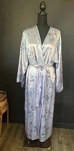 Vtg Halston Size 2X Blue Purple Floral Satin Loungewear Belted Robe Cottagecore - Picture 1 of 14