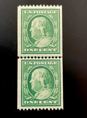 US Stamps; Scott #348 Genuine Coil Line Pair Washington Franklin M NH  OG $650  - Image 1 of 4