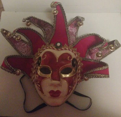 Mardi Gras Jester's Mask Paper Mache Handpainted Wired Velvet and Brocade Flaps - Image 1 of 3