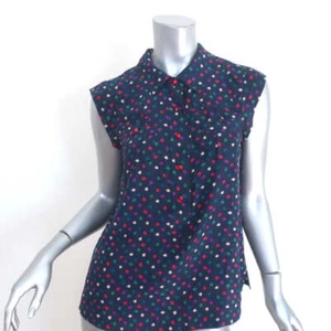 Marc by Marc Jacobs Collared Blouse Navy Leaf Print Silk Size 4 Cap Sleeve Top - Picture 1 of 10
