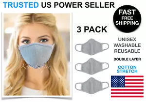 3 Pack Heather Gray Face Mask Cotton Stretch Cover Washable Reusable Unisex USA - Picture 1 of 5