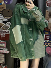 Women's Green Denim Coat Retro Stitching Loose Jacket Long Sleeve Top Casual New