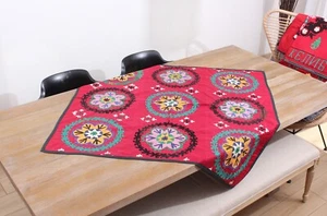Suzani Uzbek Embroidered Table Cover 3.64' x 3.90' VINTAGE FAST Shipment 15346 - Picture 1 of 17