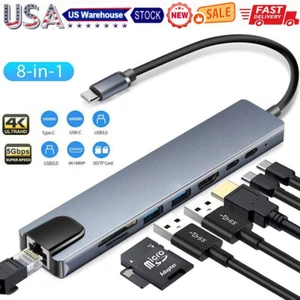 8in1 Multiport USB-C Hub Type C Adapter To USB3.0 HDMI RJ45 Ethernet For Macbook - Picture 1 of 10