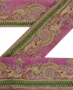 Sanskriti Vintage Sari Border Hand Beaded Craft Patch Work Trims Lace 1 Yd Pink - Picture 1 of 6