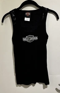 Harley Davidson Women's Black Ribbed Sequin Logo Tank Silver Bar & Shield S - Picture 1 of 9