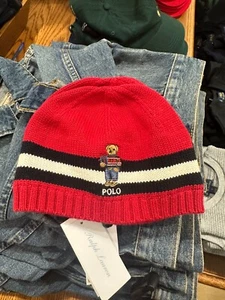 NWT Ralph Lauren INFANT KNIT BEANIE Holiday Bear RED NAVY Fleece  BOYS 9M-24M - Picture 1 of 4
