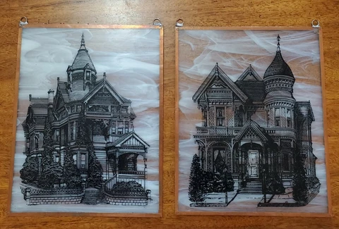 Vintage Window Art Hanging Set 2 Sketch Victorian Russian Architecture Glass Cover