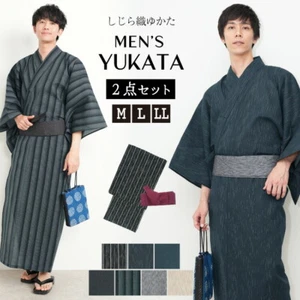 Japanese Men's Traditional Seersucker Yukata Kimono Pre-Tied Obi Set New Japan - Picture 1 of 26